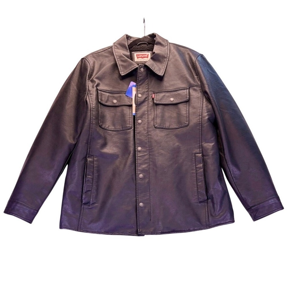 Levis Mens Faux Leather Sherpa Lined Trucker Jacket Black L Biker Streetwear